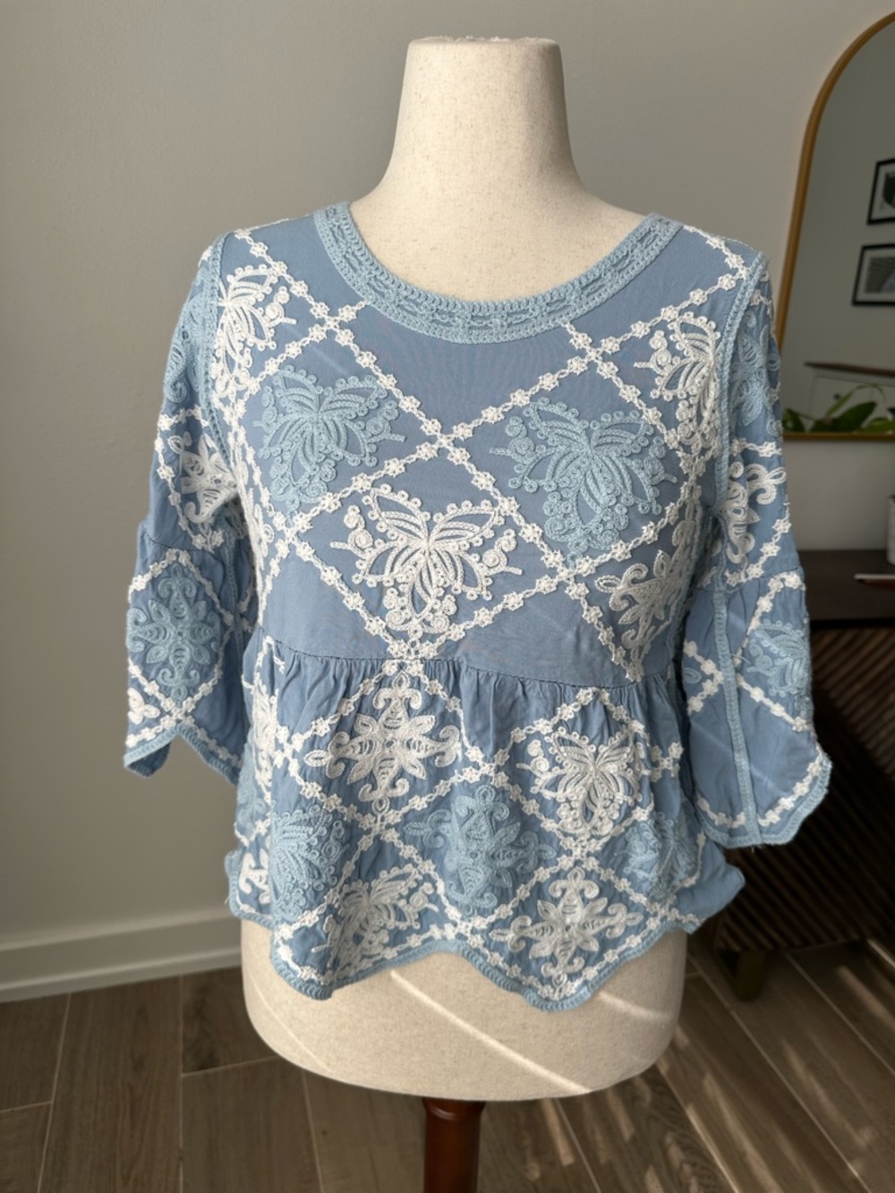 Kindred Light Blue Embroidered Peplum Top